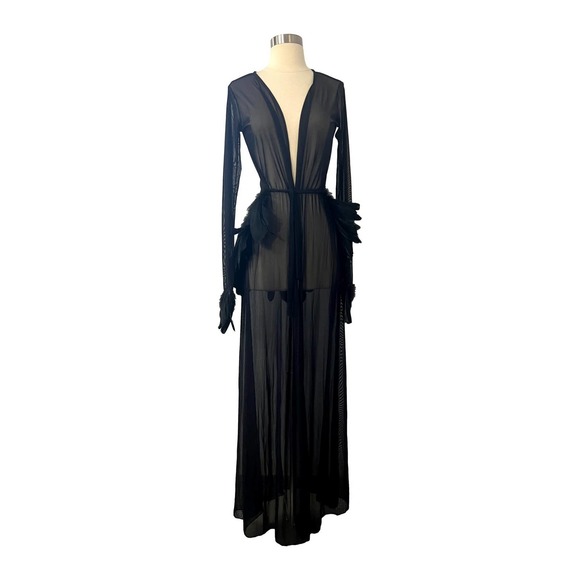 unbranded Other - Long Black Sheer Lingerie Wedding Night Robe Feather Accent Small EUC